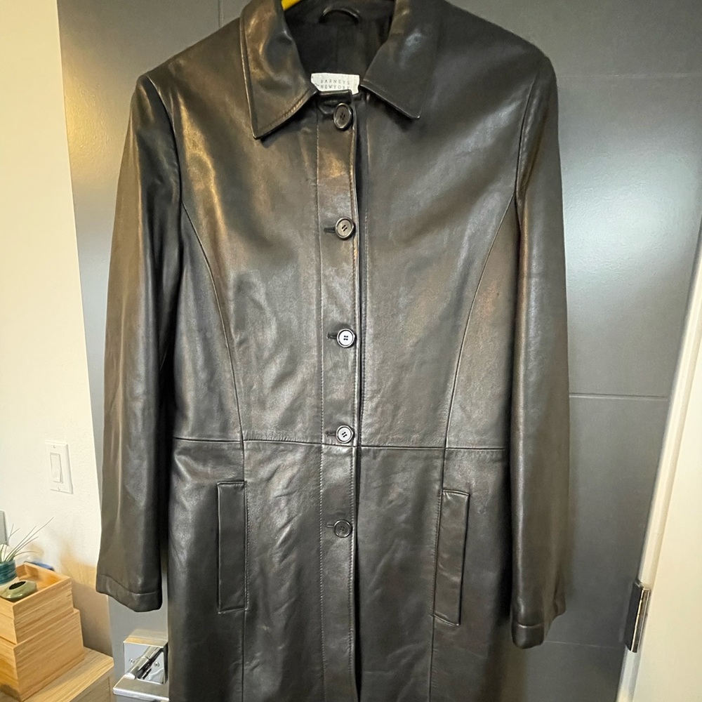 Barney’s New York leather 5 button 43” trench.